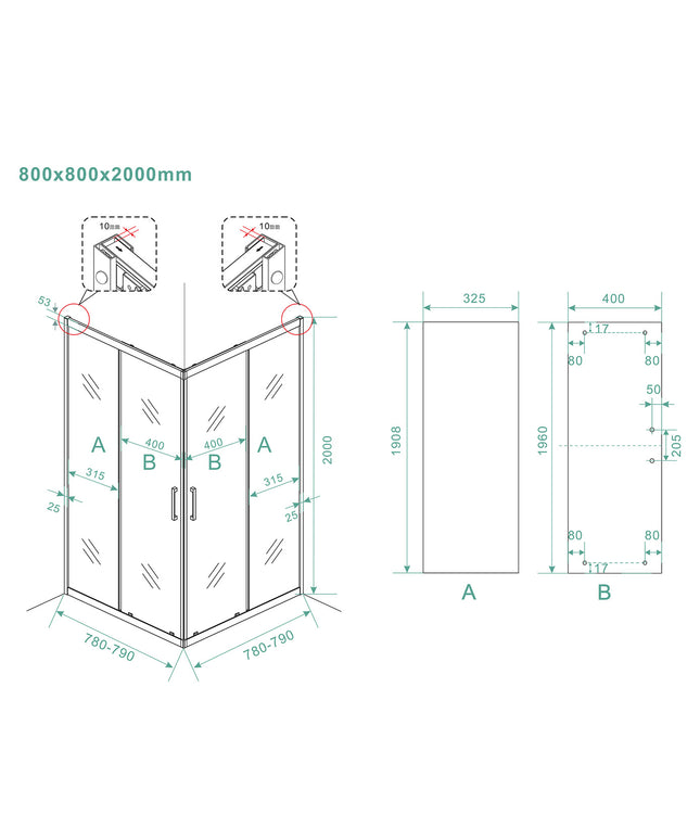 Wiesbaden Skyline hoekinstapcabine 80 x 80 x 200 cm - technische tekening | Schwertz & Co