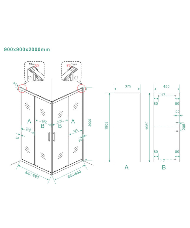 Wiesbaden Skyline hoekinstap 2 schuifdeuren 90 cm mat zwart - technische tekening | Schwertz & Co