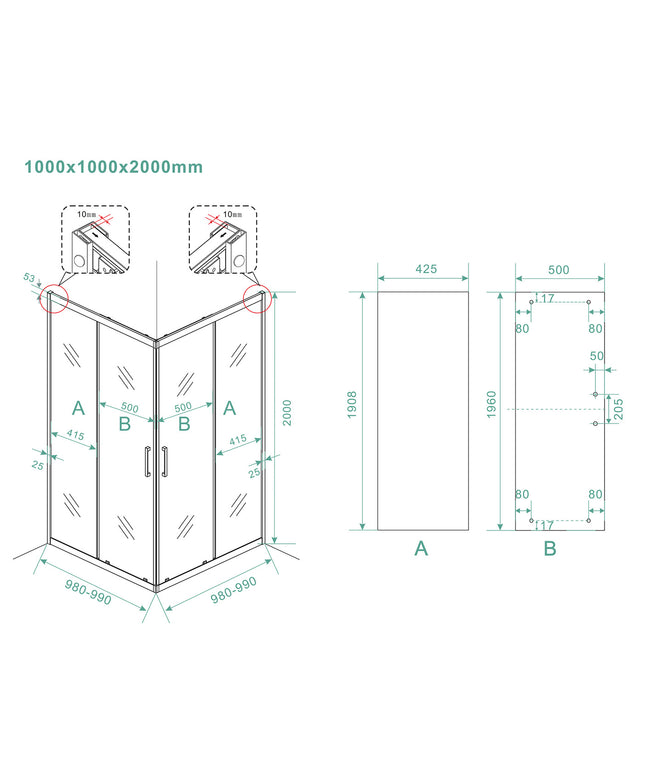 Wiesbaden Skyline hoekinstap 2 schuifdeuren 100 cm mat zwart - technische tekening | Schwertz & Co