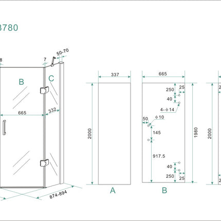 Wiesbaden Pento 5-hoek douchecabine chroom - technische tekening | Schwertz & Co