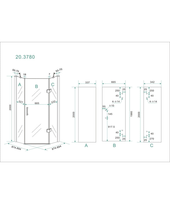 Wiesbaden Pento 5-hoek douchecabine chroom - technische tekening | Schwertz & Co