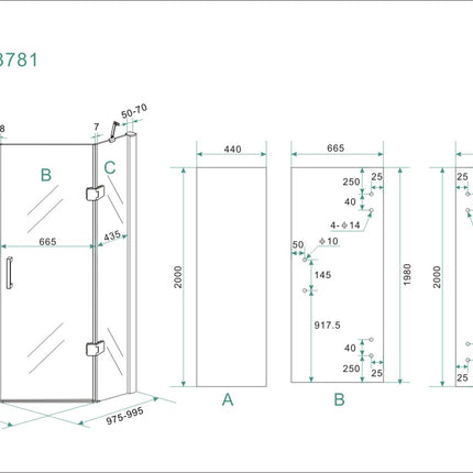 Wiesbaden Pento 5-hoek douchecabine chroom 100 x 100 x 200 cm - technische tekening | Schwertz & Co