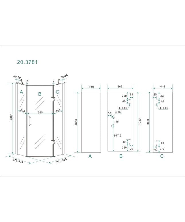 Wiesbaden Pento 5-hoek douchecabine chroom 100 x 100 x 200 cm - technische tekening | Schwertz & Co