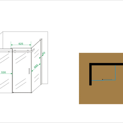 Wiesbaden Pared douchecabine met schuifdeur en zijwand - technische tekening maatvoering | Schwertz & Co