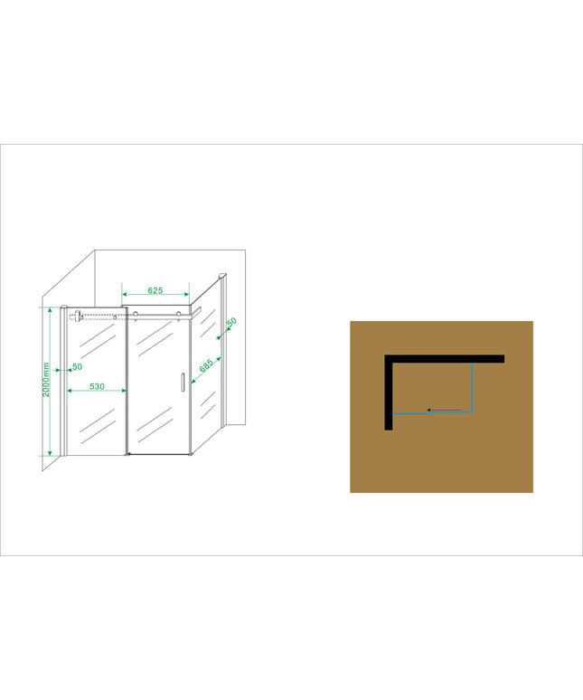 Wiesbaden Pared douchecabine met schuifdeur en zijwand - technische tekening maatvoering | Schwertz & Co