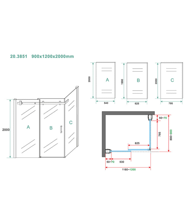 Wiesbaden Pared schuifdeurcabine chroom - technische tekening stelmaten | Schwertz & Co