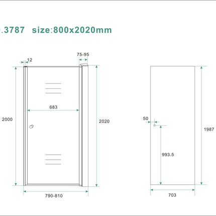 Wiesbaden Between nisdeur 80 x 200 cm rookglas chroom - technische tekening | Schwertz & Co