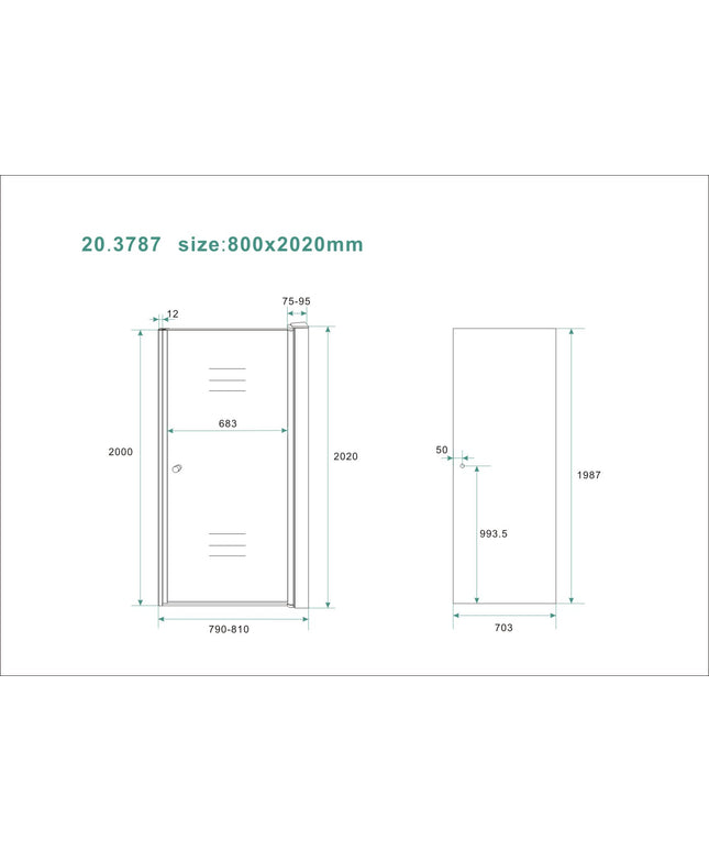 Wiesbaden Between nisdeur 80 x 200 cm rookglas chroom - technische tekening | Schwertz & Co