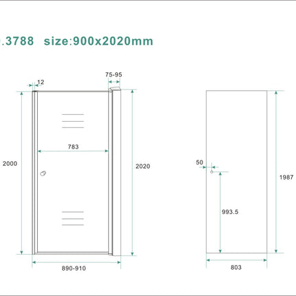 Wiesbaden Between nisdeur 90 x 200 cm rookglas chroom - technische tekening | Schwertz & Co