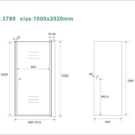Wiesbaden Between nisdeur 100 x 200 cm rookglas chroom - technische tekening | Schwertz & Co