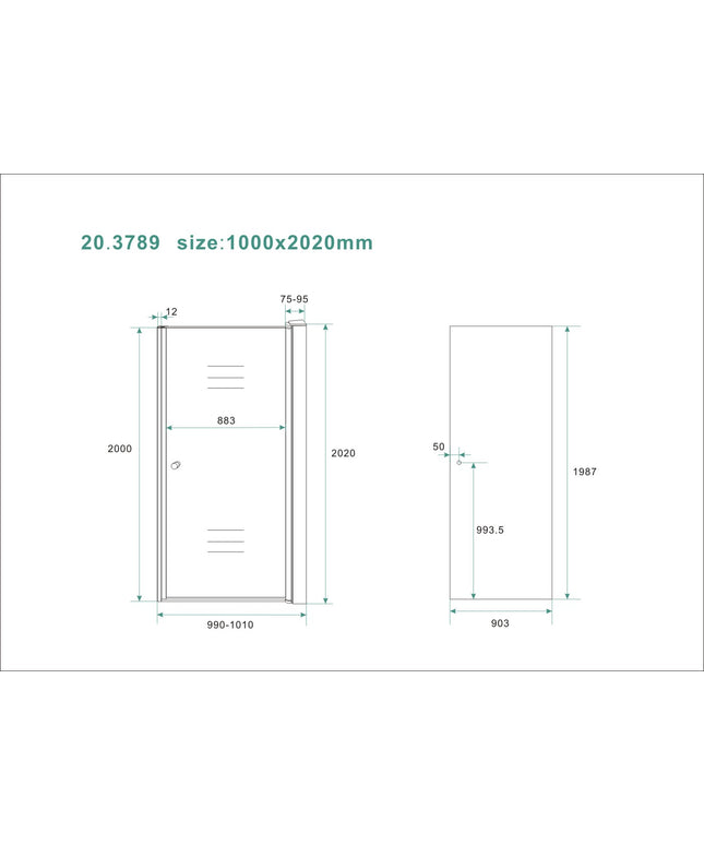 Wiesbaden Between nisdeur 100 x 200 cm rookglas chroom - technische tekening | Schwertz & Co