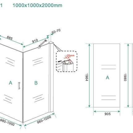 Wiesbaden Salone douchecabine draaideur 100 x 100 cm mat zwart - technische tekening | Schwertz & Co