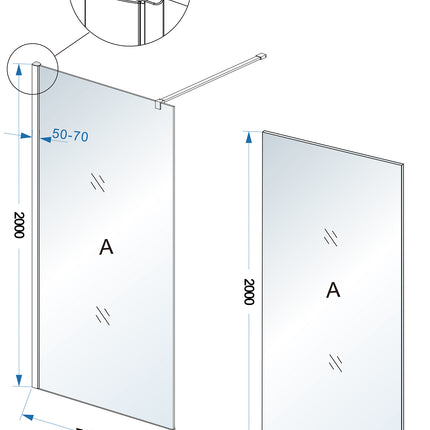 Wiesbaden Comfort inloopdouche 70 x 200 cm chroom - technische tekening | Schwertz & Co