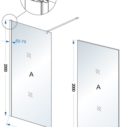 Wiesbaden Comfort inloopdouche 90 x 200 cm helder glas chroom - technische tekening | Schwertz & Co