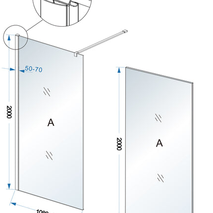 Wiesbaden Comfort inloopdouche 110 x 200 cm helder glas chroom - technische tekening | Schwertz & Co