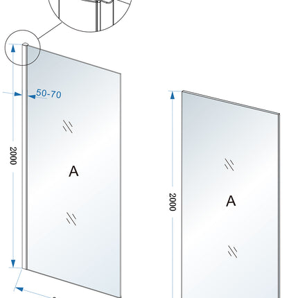 Wiesbaden Comfort zijwand met muurprofiel chroom - technische tekening | Schwertz & Co