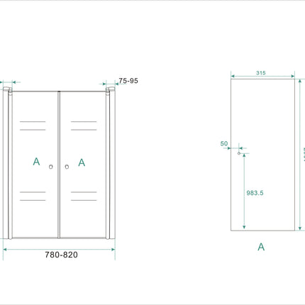 Wiesbaden Lagos pendeldeur in nis 80 x 200 cm helder glas chroom - technische tekening | Schwertz & Co