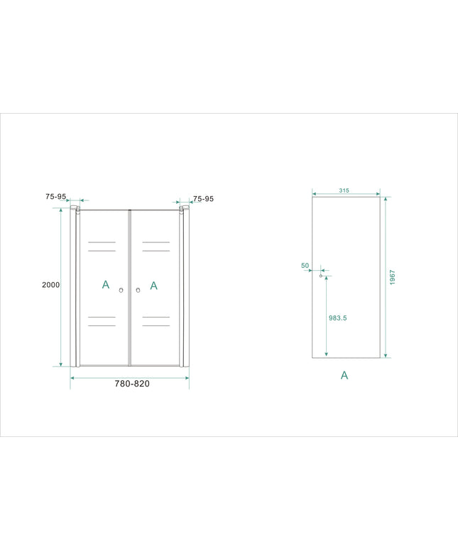 Wiesbaden Lagos porte pivotante en niche 80 x 200 cm verre transparent chromé - dessin technique | Schwertz & Co