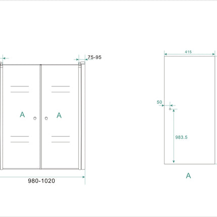 Wiesbaden Lagos pendeldeur in nis 100 cm helder glas chroom - technische tekening | Schwertz & Co