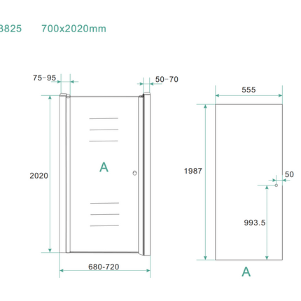 Wiesbaden Between nisdeur 70 x 200 cm helder glas chroom - technische tekening | Schwertz & Co