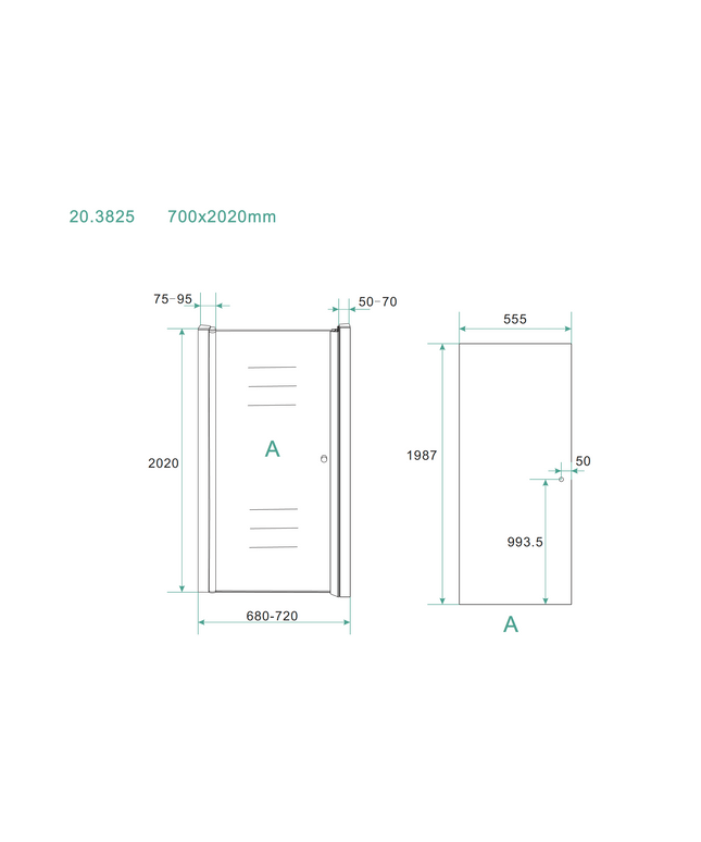Wiesbaden Between nisdeur 70 x 200 cm helder glas chroom - technische tekening | Schwertz & Co