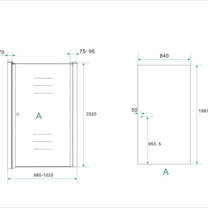 Wiesbaden Between nisdeur 100 x 200 cm helder glas chroom - technische tekening | Schwertz & Co