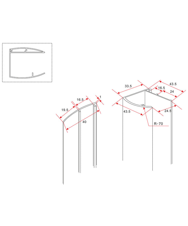 Wiesbaden profilé mural type 1 paroi de douche 200 cm chromé - dessin technique | Schwertz & Co