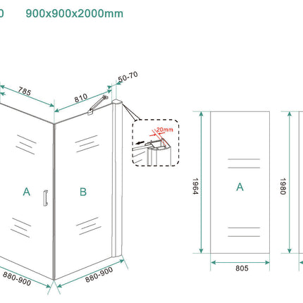 Wiesbaden Salone douchecabine draaideur 90 cm chroom - technische tekening | Schwertz & Co