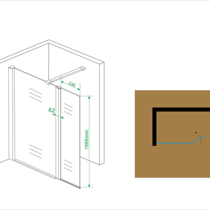 Wiesbaden Comfort zijwand draaibaar 40 cm helder glas chroom - technische tekening | Schwertz & Co