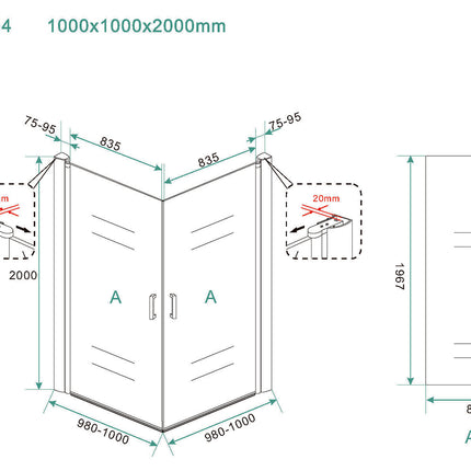 Wiesbaden Salone douchecabine 2 draaideuren 100 cm - technische tekening | Schwertz & Co