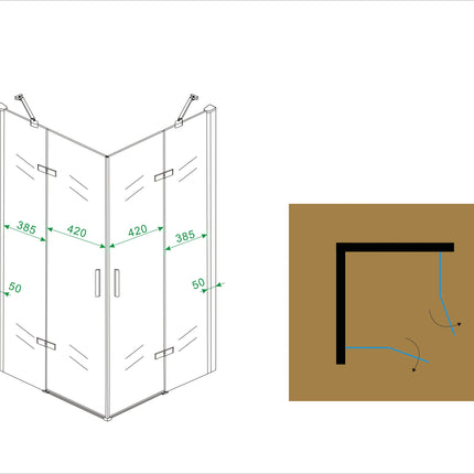 Wiesbaden Double hoekinstap douchecabine 90 cm chroom - technische tekening | Schwertz & Co