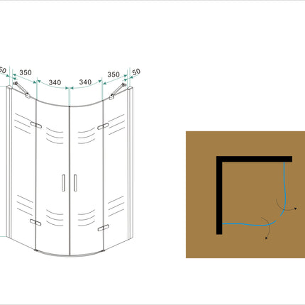 Wiesbaden Double kwartronde douchecabine 90 cm chroom - technische tekening | Schwertz & Co