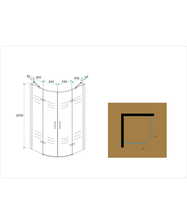 Wiesbaden Double kwartronde douchecabine 90 cm chroom - technische tekening | Schwertz & Co