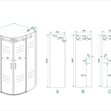 Wiesbaden Entra douchecabine kwartrond 90 x 90 cm chroom - technische tekening | Schwertz & Co