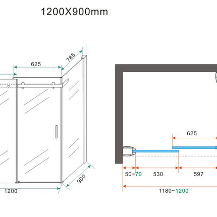 Wiesbaden Pared douchecabine chroom 120 x 90 x 200 cm - technische tekening | Schwertz & Co