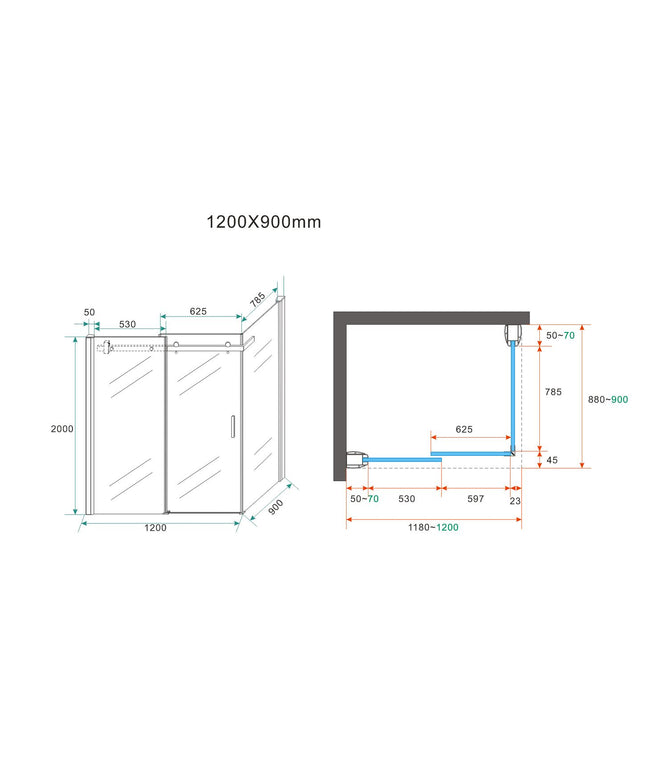 Wiesbaden Pared douchecabine chroom 120 x 90 x 200 cm - technische tekening | Schwertz & Co