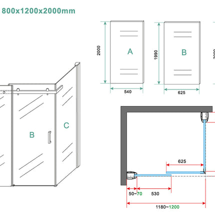 Wiesbaden Pared douchecabine schuifdeur chroom - technische tekening zijwand | Schwertz & Co