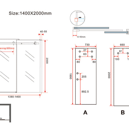 Wiesbaden Slide nis schuifdeur met loopwielen 140 x 200 cm chroom - technische tekening | Schwertz & Co