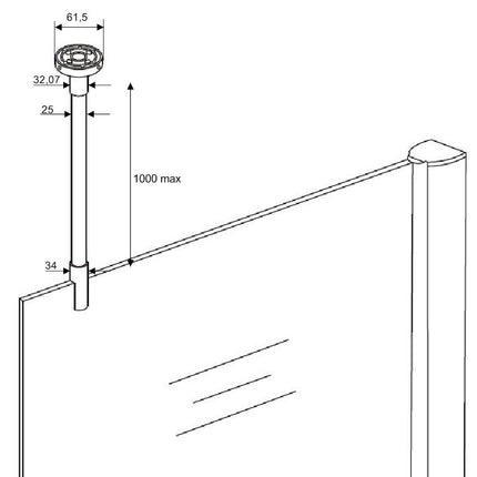 Wiesbaden stabilisatiestang met plafondbevestiging rond 100 cm chroom - technische tekening | Schwertz & Co