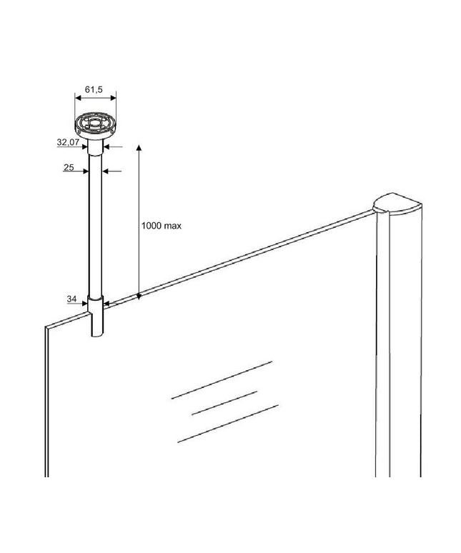 Wiesbaden stabilisatiestang met plafondbevestiging rond 100 cm chroom - technische tekening | Schwertz & Co