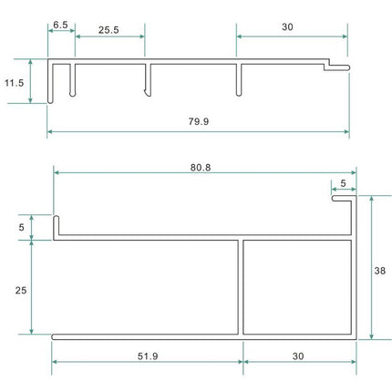 Wiesbaden verbredingsprofiel aluminium 202 cm chroom - technische tekening | Schwertz & Co