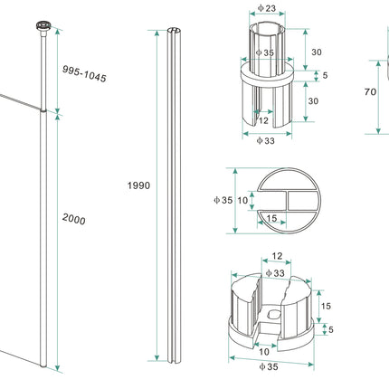 Wiesbaden set verticale stabilisatiestang met plafondbevestiging chroom - technische tekening | Schwertz & Co