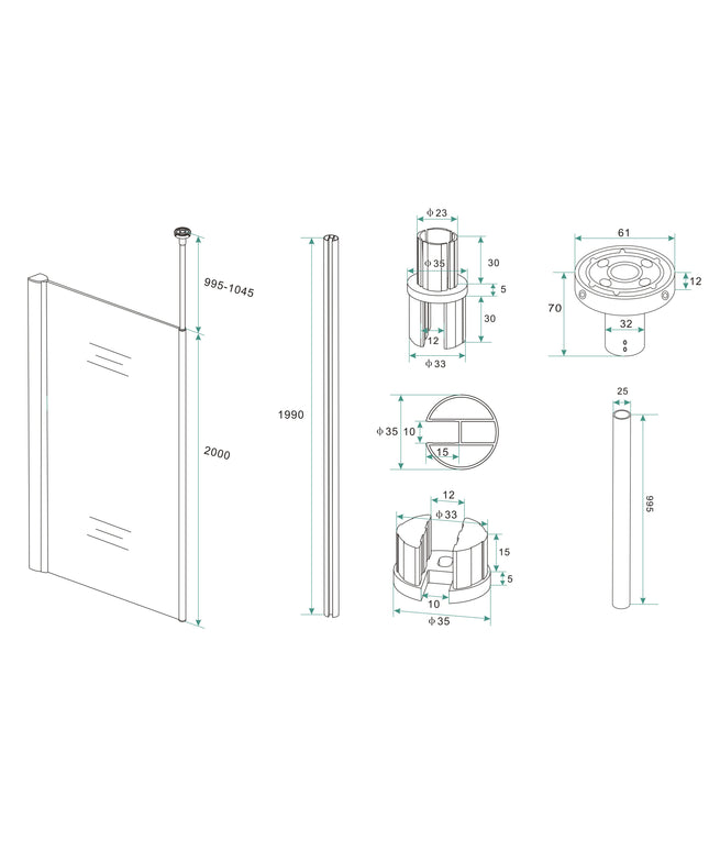 Wiesbaden ensemble barre de stabilisation verticale avec fixation plafond chromé - dessin technique | Schwertz & Co