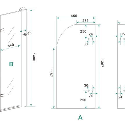 Wiesbaden Cinco badwand draaibaar 100 x 140 cm helder glas chroom - technische tekening | Schwertz & Co