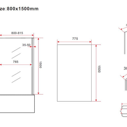 Wiesbaden Tela badwand vast 80 x 150 cm - technische tekening met maatvoering | Schwertz & Co