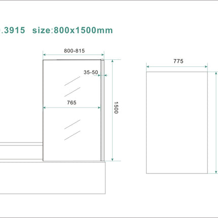 Wiesbaden Tela badwand vast 80 x 150 cm - technische tekening | Schwertz & Co