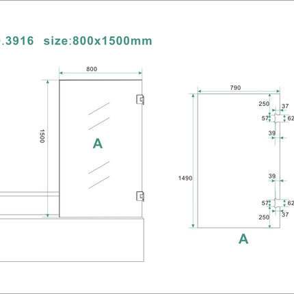 Wiesbaden Less badwand draaibaar 80 x 150 cm helder glas chroom - technische tekening | Schwertz & Co