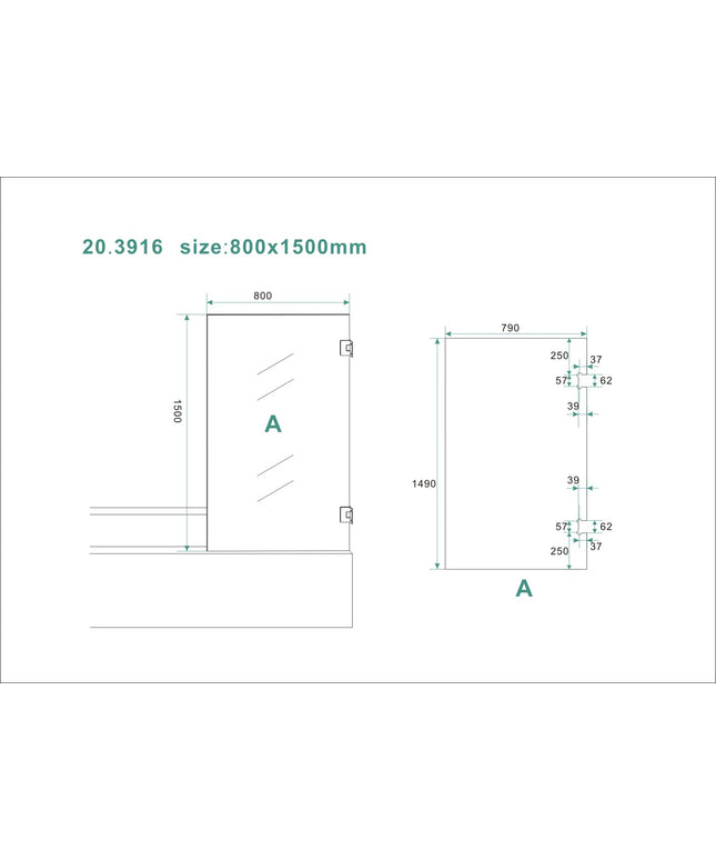 Wiesbaden Less badwand draaibaar 80 x 150 cm helder glas chroom - technische tekening | Schwertz & Co