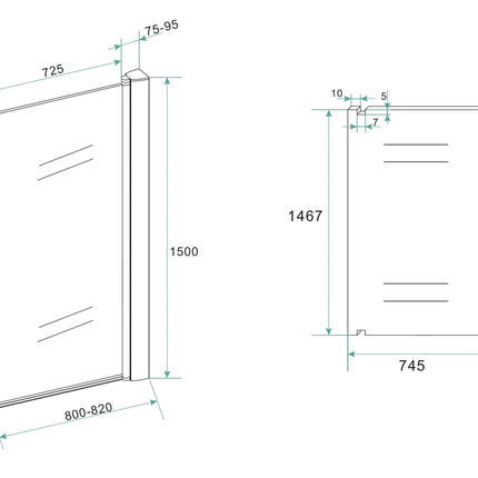 Wiesbaden Orbit draaibare badwand 80 x 150 cm mat zwart - technische tekening | Schwertz & Co