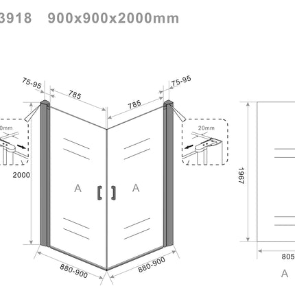Wiesbaden Salone douchecabine 2 draaideuren mat zwart 90 x 90 x 200 cm - technische tekening | Schwertz & Co